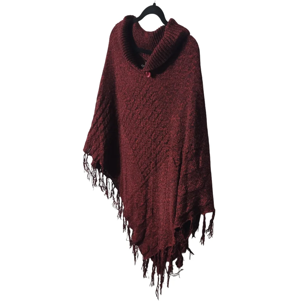 Red Burgundy Knitted Fringe Poncho Sweater One Size Plus - Picture 3 of 6